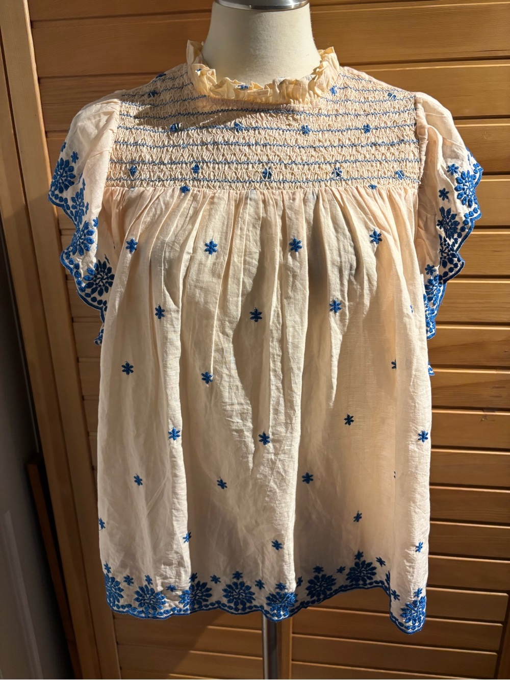 Absolutely Gorgeous Ultra Pink Cream Blouse with Blue Embroidery